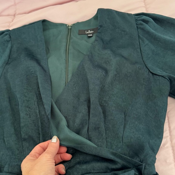 Lulus Wrapped Up in Love dark green faux wrap belted lined midi Dress, size XXS - Picture 9 of 16